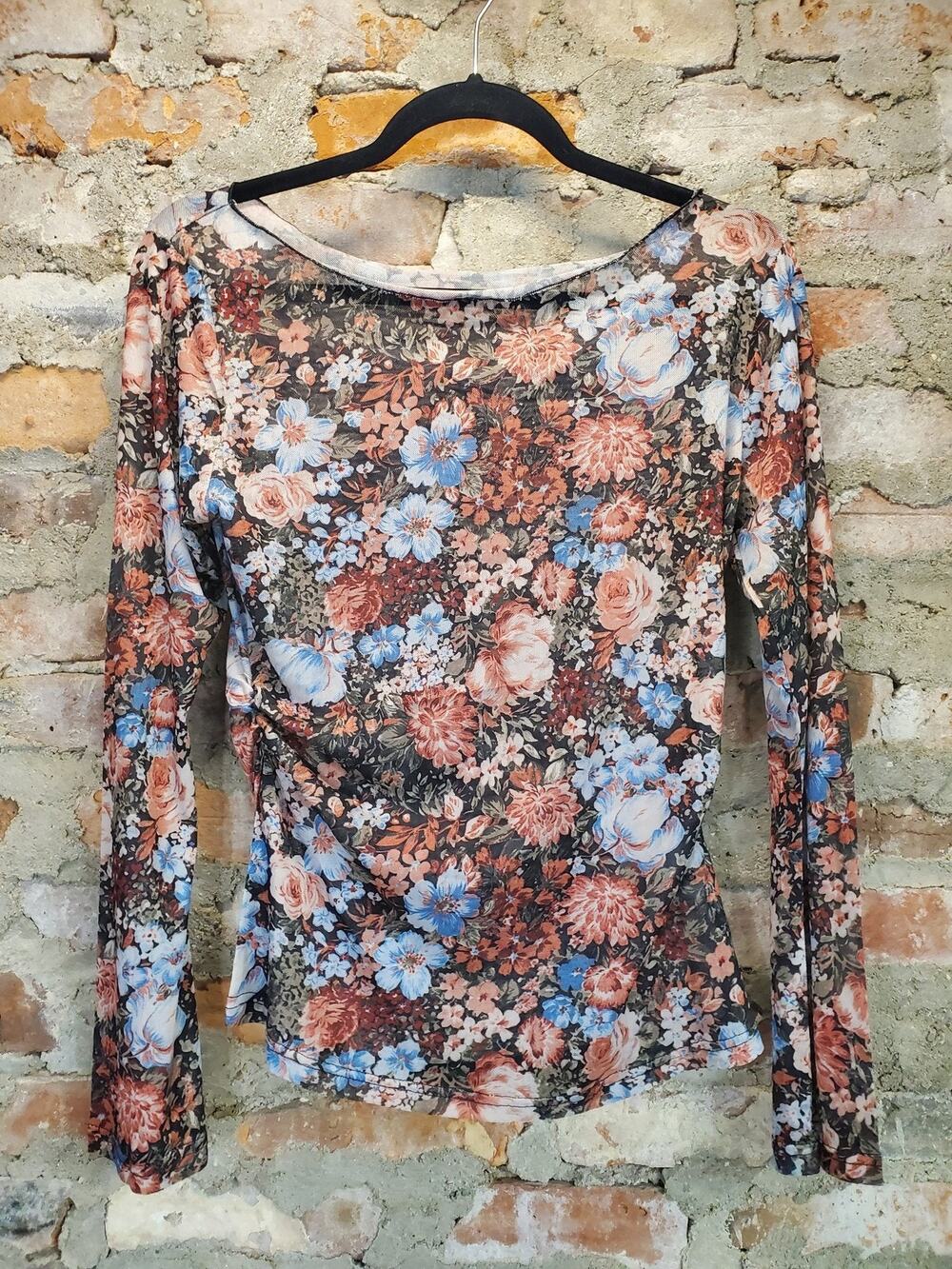 Women's Long Sleeve Top L Multicolor Floral Polyester Boat Neck Ruched